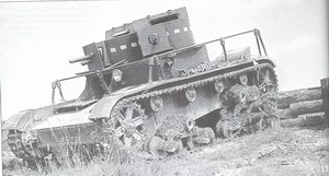 Double-turreted T-26 tank with mixed armament equipped with radio station No. 7N. Manoeuvres 1934.