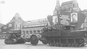 "Komintern" prime movers are towing a 203mm howitzer B-4 M1931