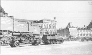 "Voroshilovets" prime movers are towing a disjoint 210mm Br-17 M1939 guns.