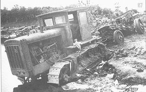 . S-65 tractor with a 122mm A-19  gun M1937 abandoned by its crew. South-Western Front, June 1941.