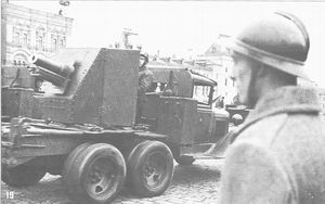 SU-1-12 based on GAZ-AAA chassis at the parade in Moscow. Nov. 7, 1936. The gun has shield of the late version.