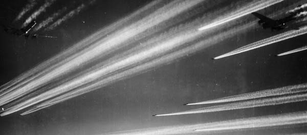 B-17 Flying Fortress bombers of the 92nd Bomb Group soar toward their targets in Germany during World War II. (National Archives)